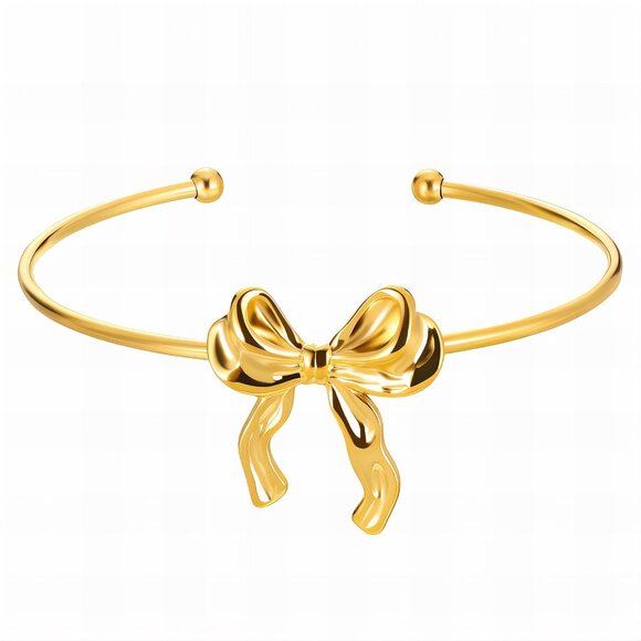 18K Gold Plated Stainless Steel Bow Cuff Bracelet - Picture 1 of 4